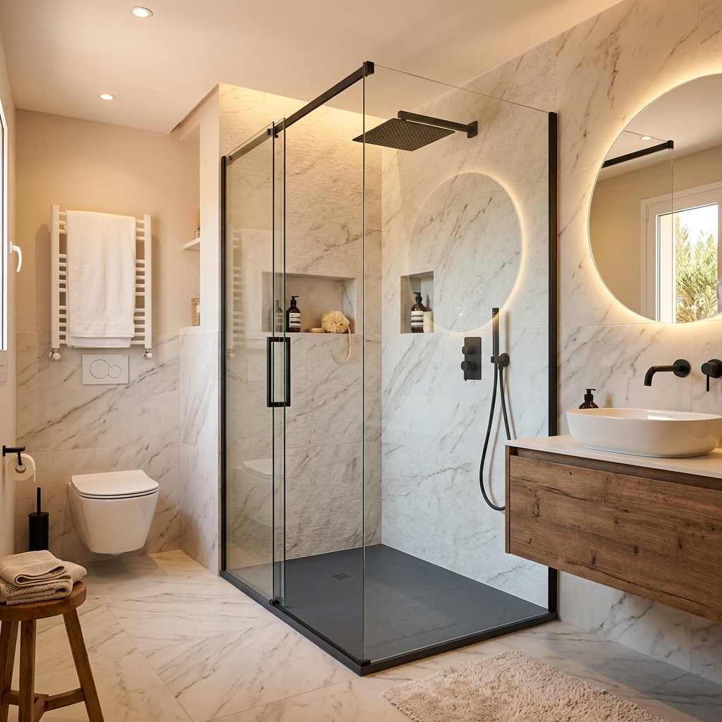 Baño moderno con plato de ducha y mampara de cristal en vivienda de la Sierra Noroeste de Madrid
